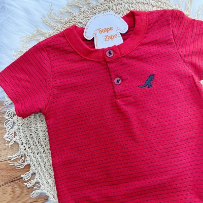 Conj. Camiseta Gola Careca Rex Listrado e Bermuda - Vermelho e Marinho